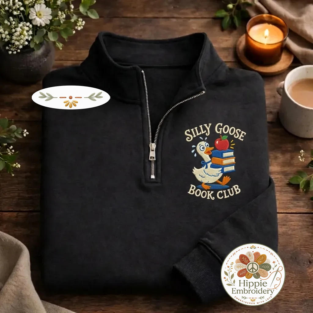 Embroidered Just One More Chapter Quarter Zip, Floral Book Shirt