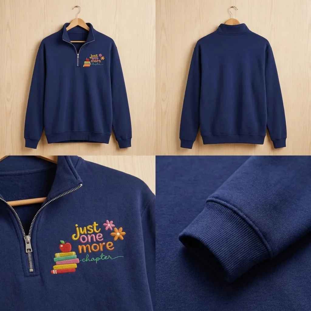 Embroidered Just One More Chapter Quarter Zip, Floral Book Shirt