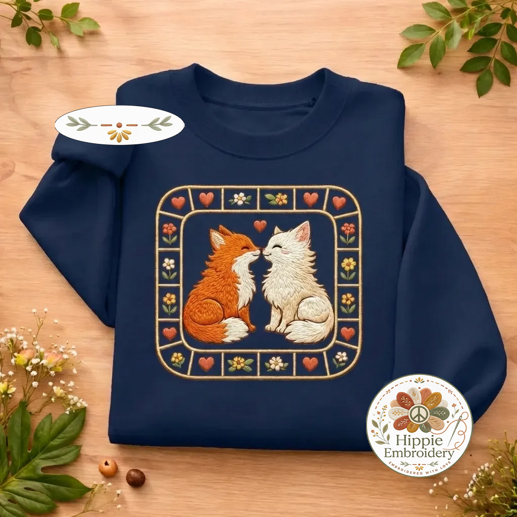 Embroidered Kissing Fox Sweatshirt, Cottagecore Folk Art Crewneck