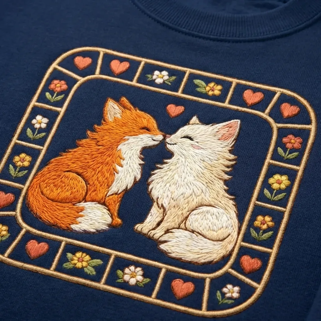 Embroidered Kissing Fox Sweatshirt, Cottagecore Folk Art Crewneck