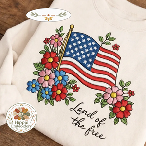 Embroidered Land of the Free Shirt, Floral American Flag Crewneck