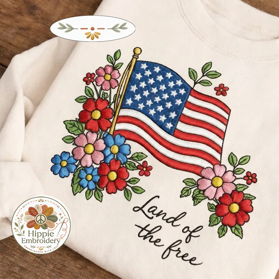 Embroidered Land of the Free Shirt, Floral American Flag Crewneck