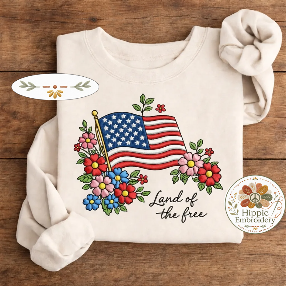 Embroidered Land of the Free Shirt, Floral American Flag Crewneck
