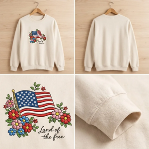 Embroidered Land of the Free Shirt, Floral American Flag Crewneck