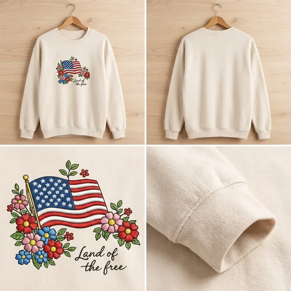 Embroidered Land of the Free Shirt, Floral American Flag Crewneck