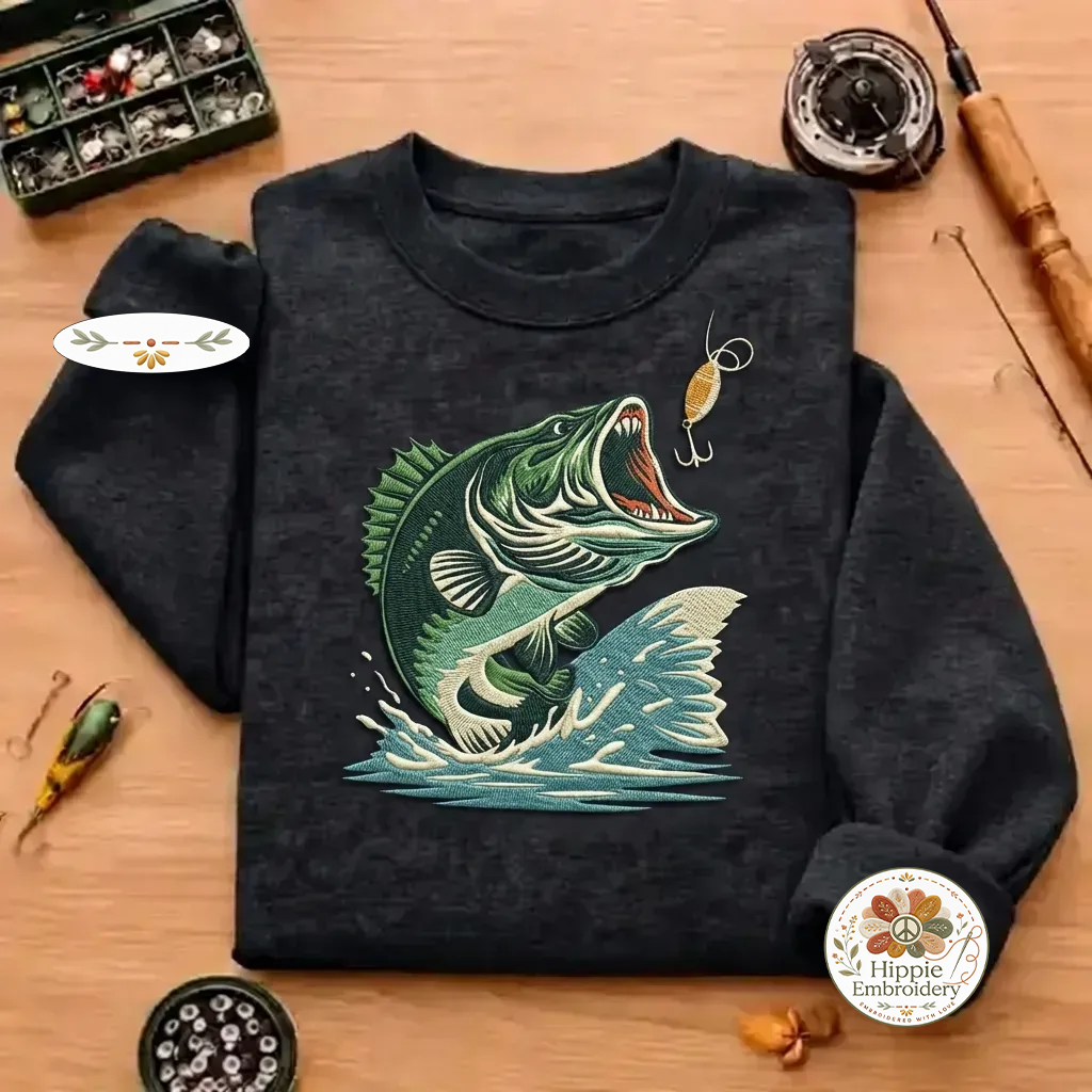 Embroidered Large Mouth Bass Fishing Sweatshirt, Realistic Art