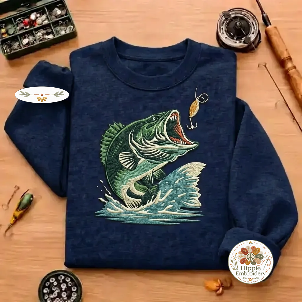 Embroidered Large Mouth Bass Fishing Sweatshirt, Realistic Art