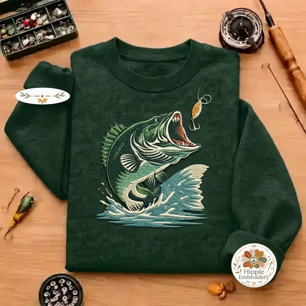 Embroidered Large Mouth Bass Fishing Sweatshirt, Realistic Art
