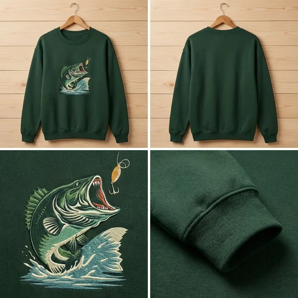 Embroidered Large Mouth Bass Fishing Sweatshirt, Realistic Art