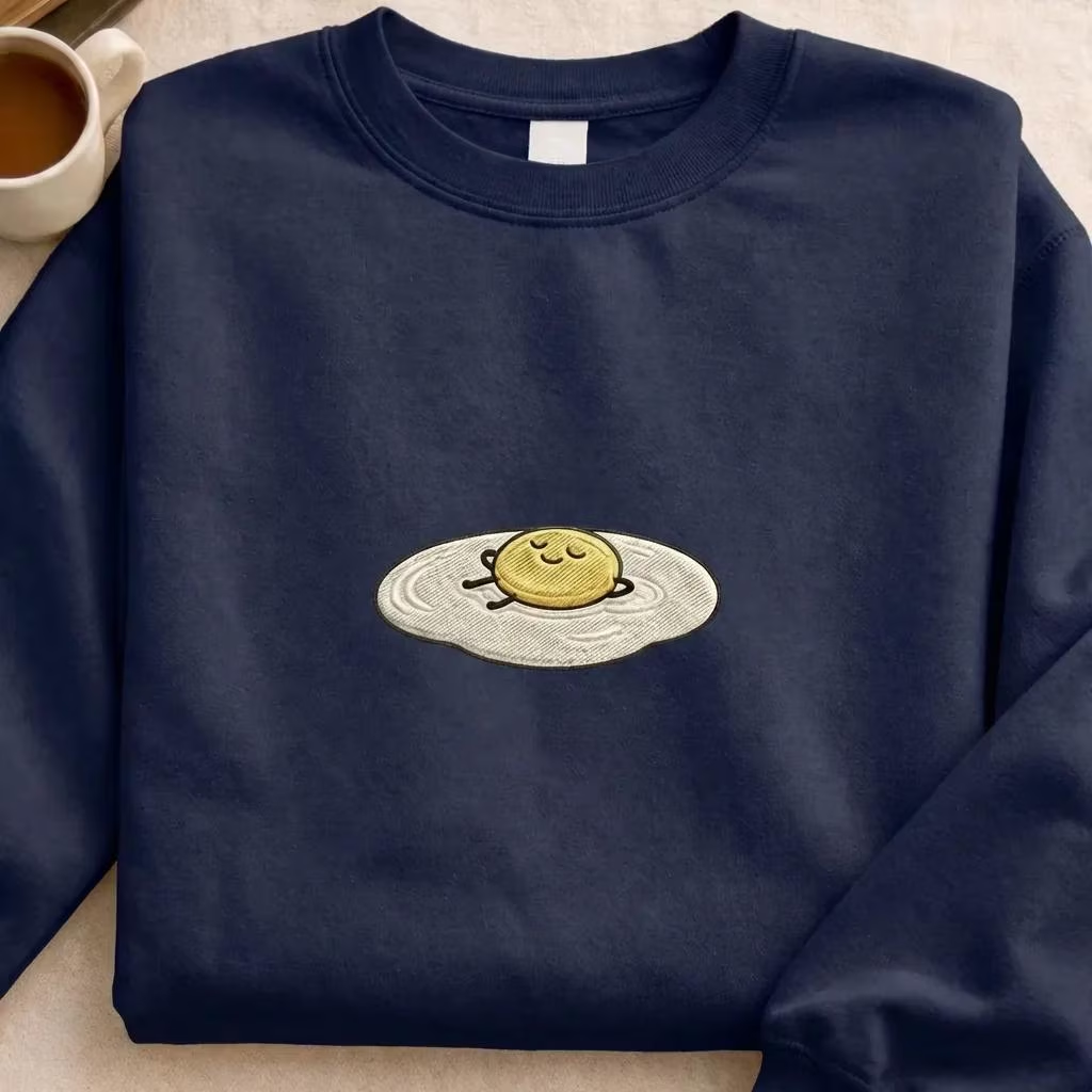 Embroidered Lazy Fried Egg Sweatshirt, Funny Breakfast Crewneck