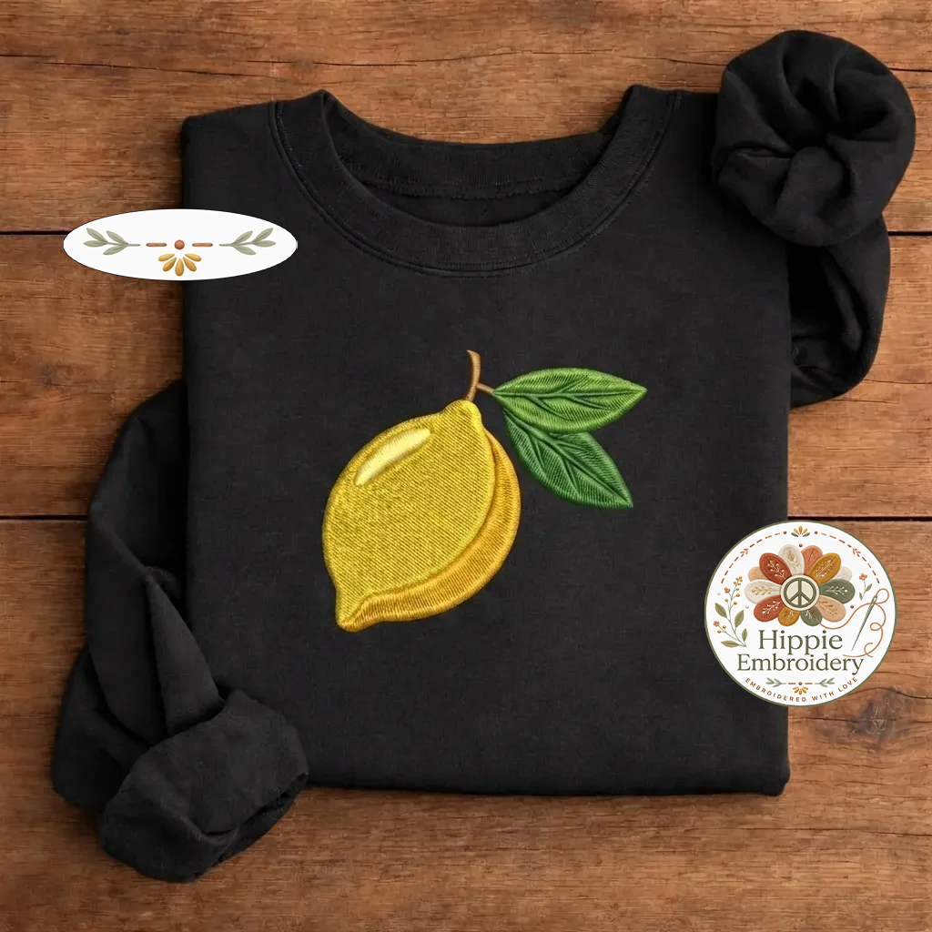 Embroidered Lemon Shirt, Minimalist Fruit Botanical Lemon Crew