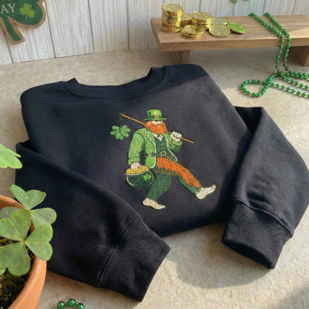 Embroidered Leprechaun Bigfoot Sweatshirt, Lucky Irish Top