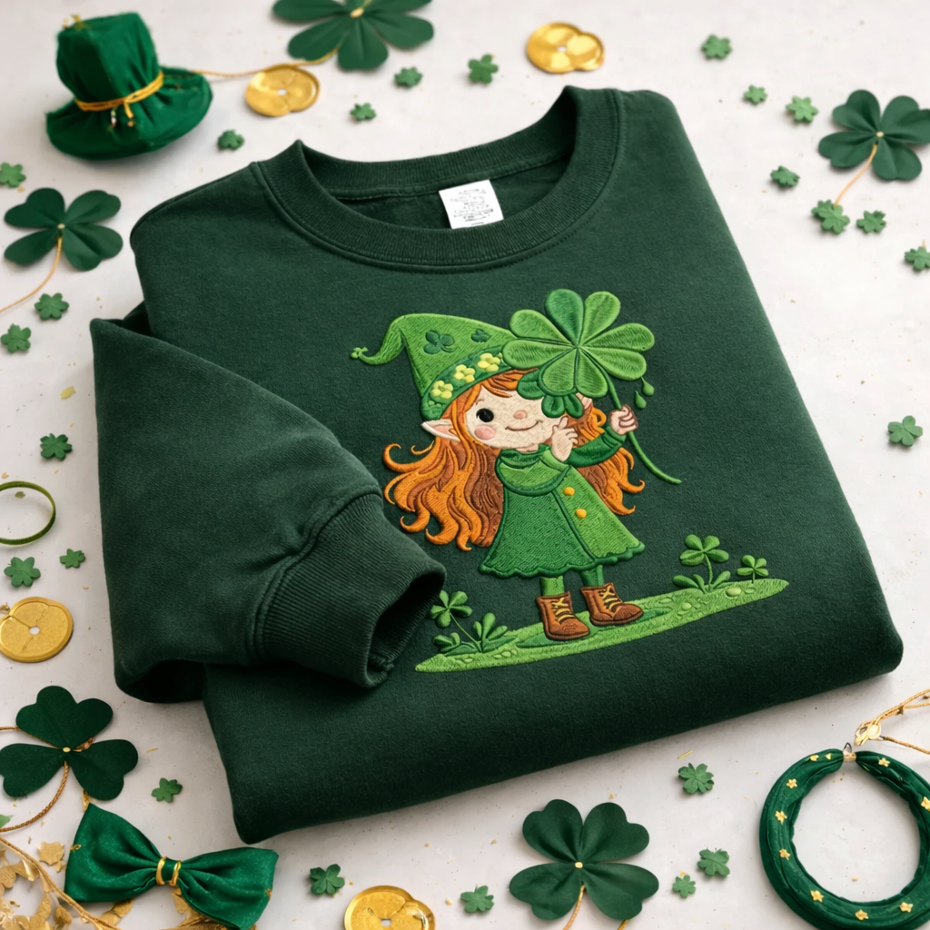 Embroidered Leprechaun Girl Sweatshirt, Irish Clover Top