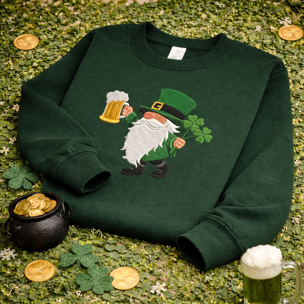 Embroidered Leprechaun Sweatshirt, Irish Beer Shamrock Top