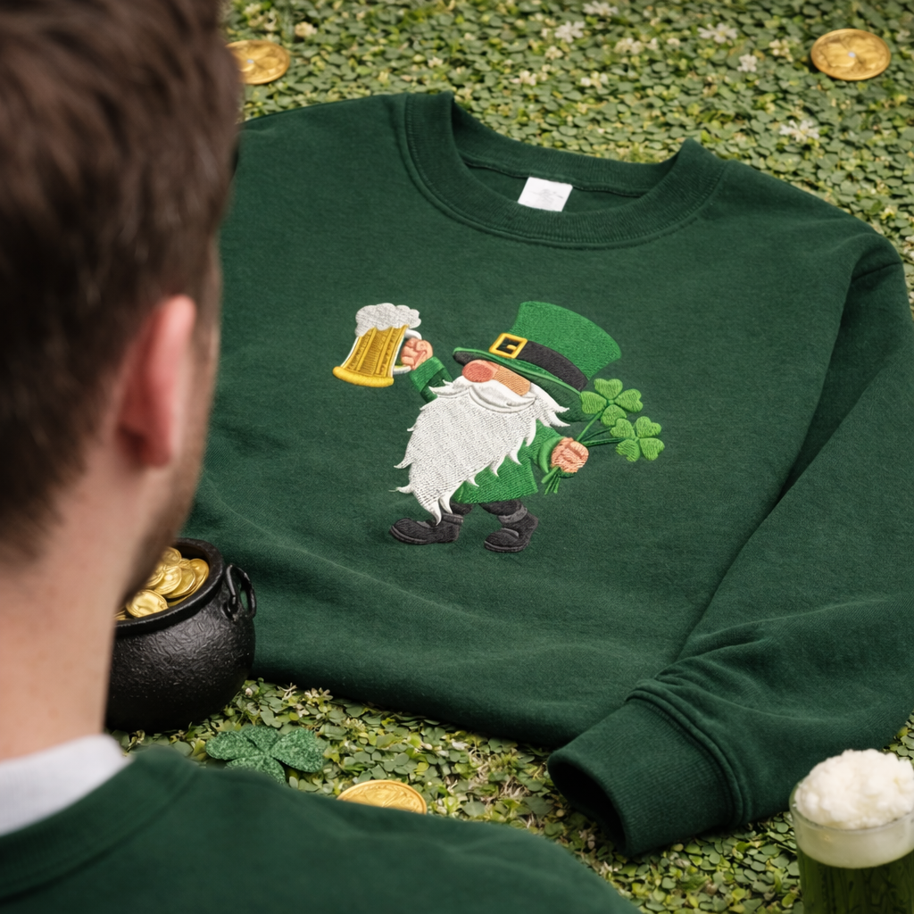 Embroidered Leprechaun Sweatshirt, Irish Beer Shamrock Top