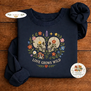 Embroidered Love Grows Wild Floral Skulls Couple Sweatshirt, Boho