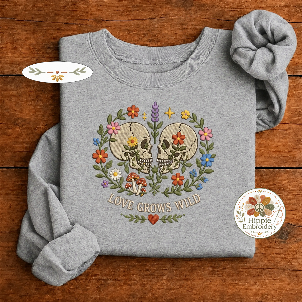 Embroidered Love Grows Wild Floral Skulls Couple Sweatshirt, Boho