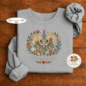 Embroidered Love Grows Wild Floral Skulls Couple Sweatshirt, Boho