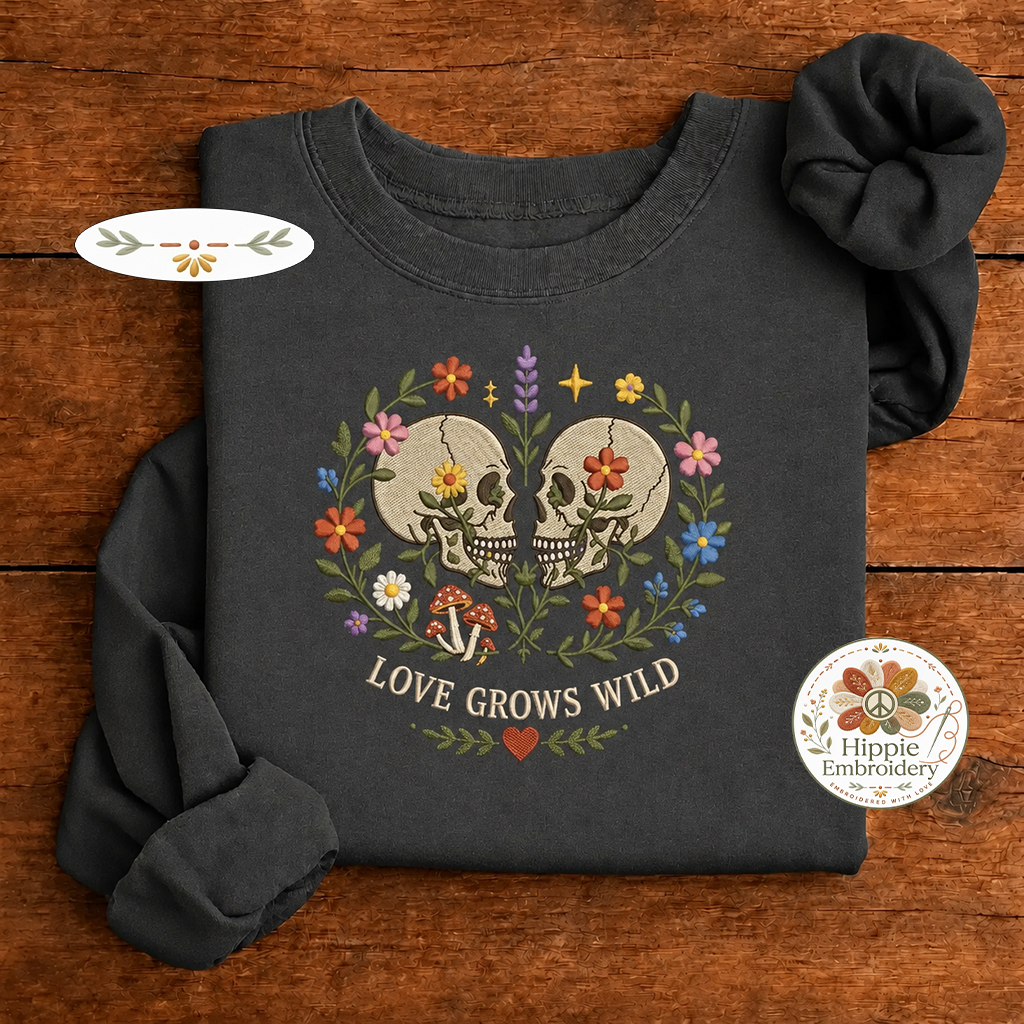 Embroidered Love Grows Wild Floral Skulls Couple Sweatshirt, Boho