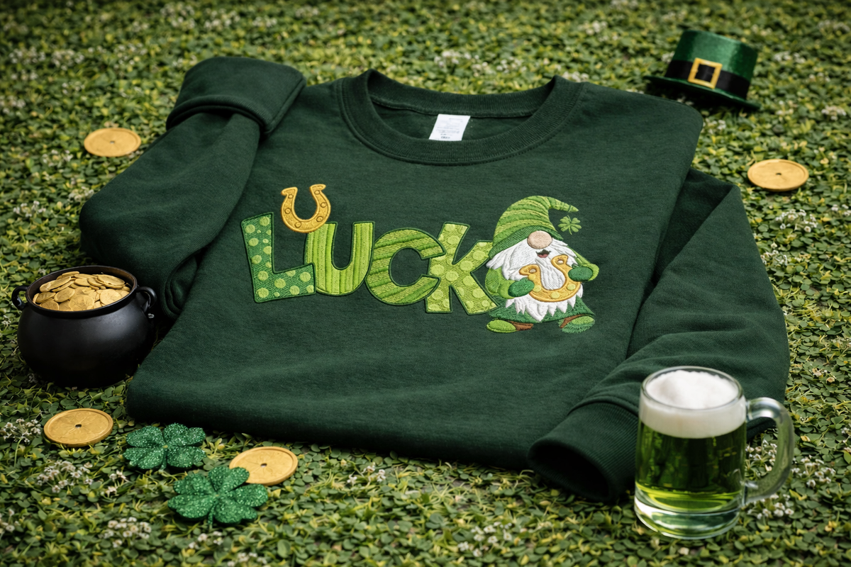Embroidered Lucky Gnome Sweatshirt, St Patricks Day Top