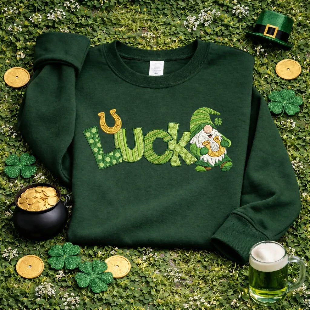 Embroidered Lucky Gnome Sweatshirt, St Patricks Day Top
