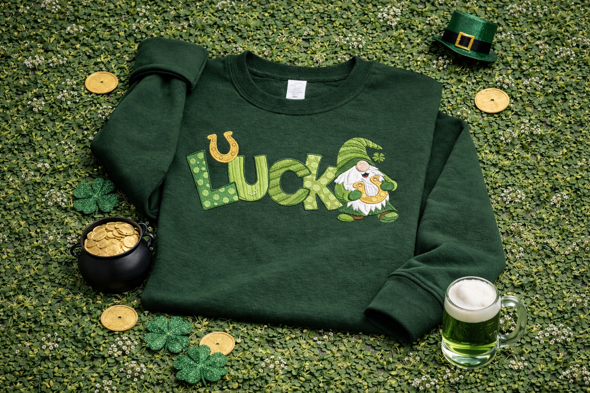 Embroidered Lucky Gnome Sweatshirt, St Patricks Day Top
