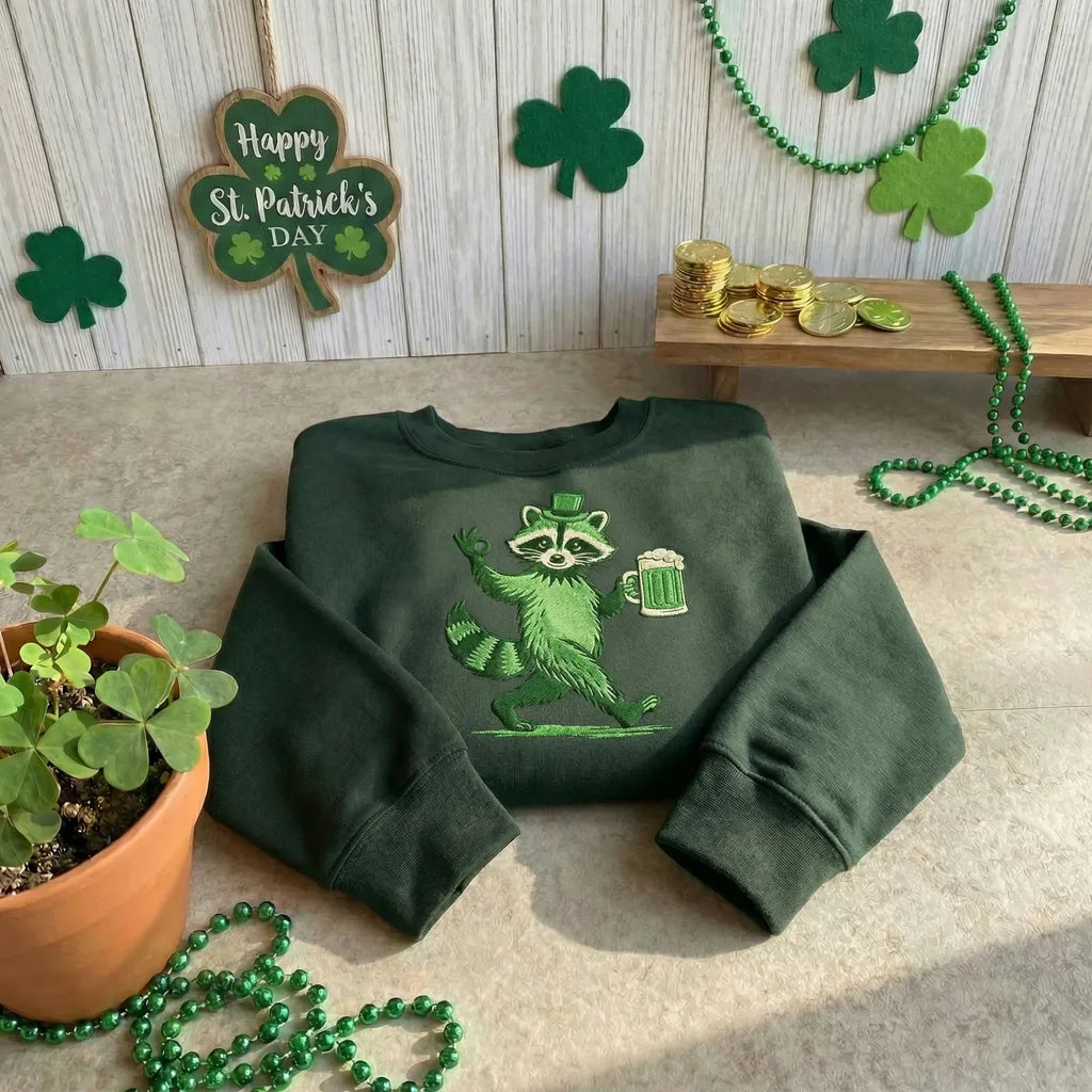 Embroidered Lucky Raccoon Sweatshirt, Funny Irish Beer Top