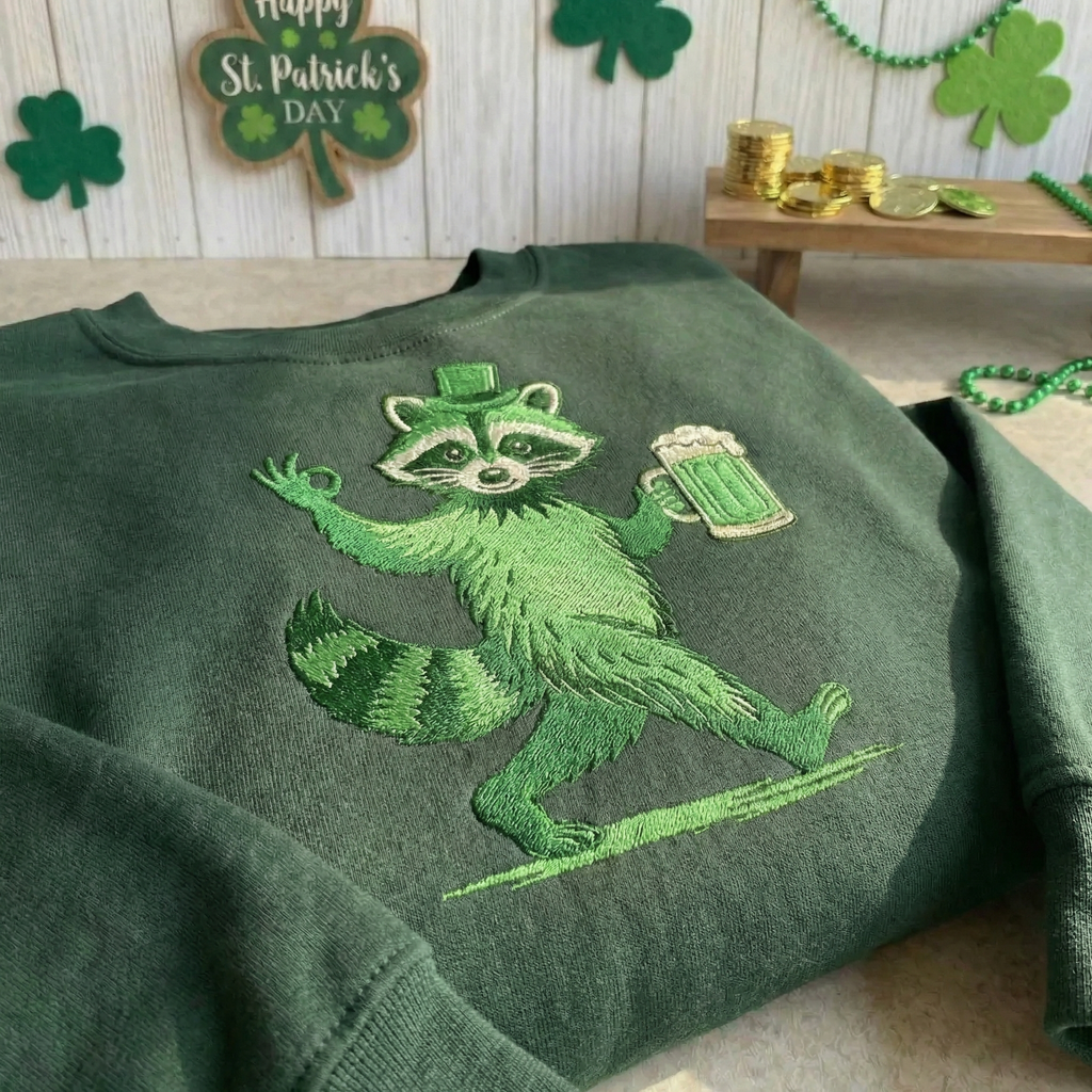 Embroidered Lucky Raccoon Sweatshirt, Funny Irish Beer Top