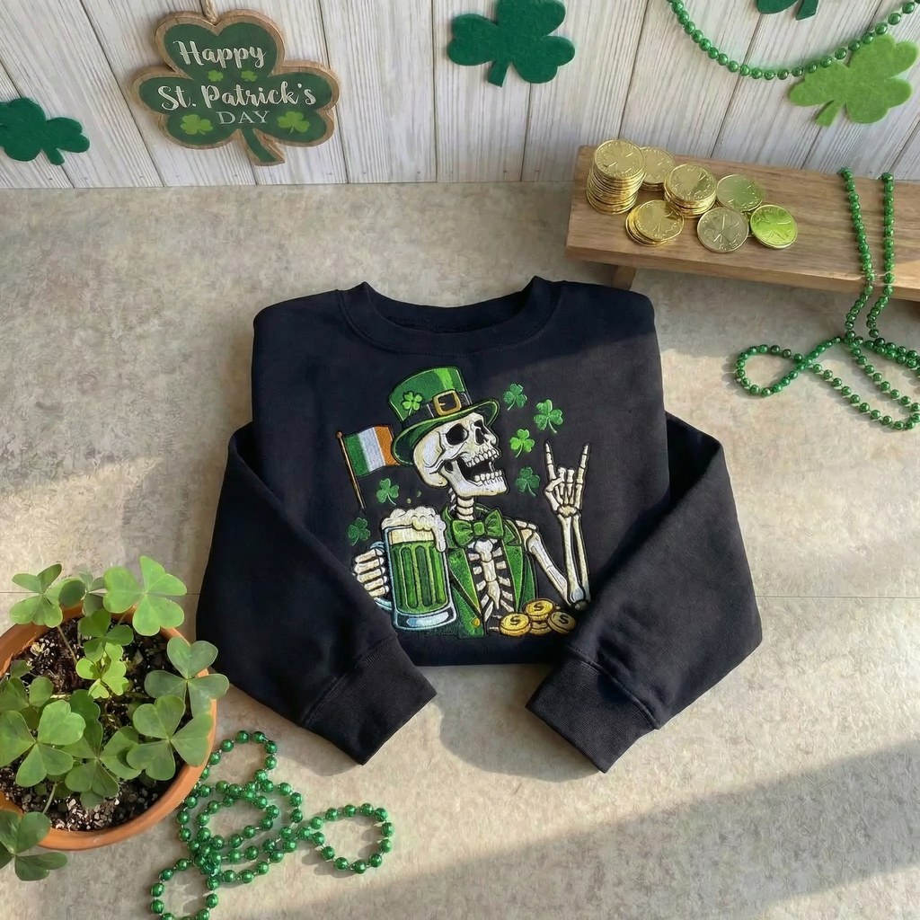 Embroidered Lucky Skeleton Sweatshirt, Funny Irish Beer Top