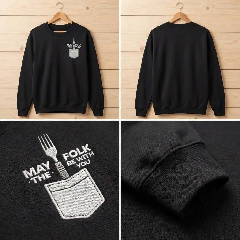 Embroidered May The Folk Be With You Shirt, Funny Fork Pun Crew