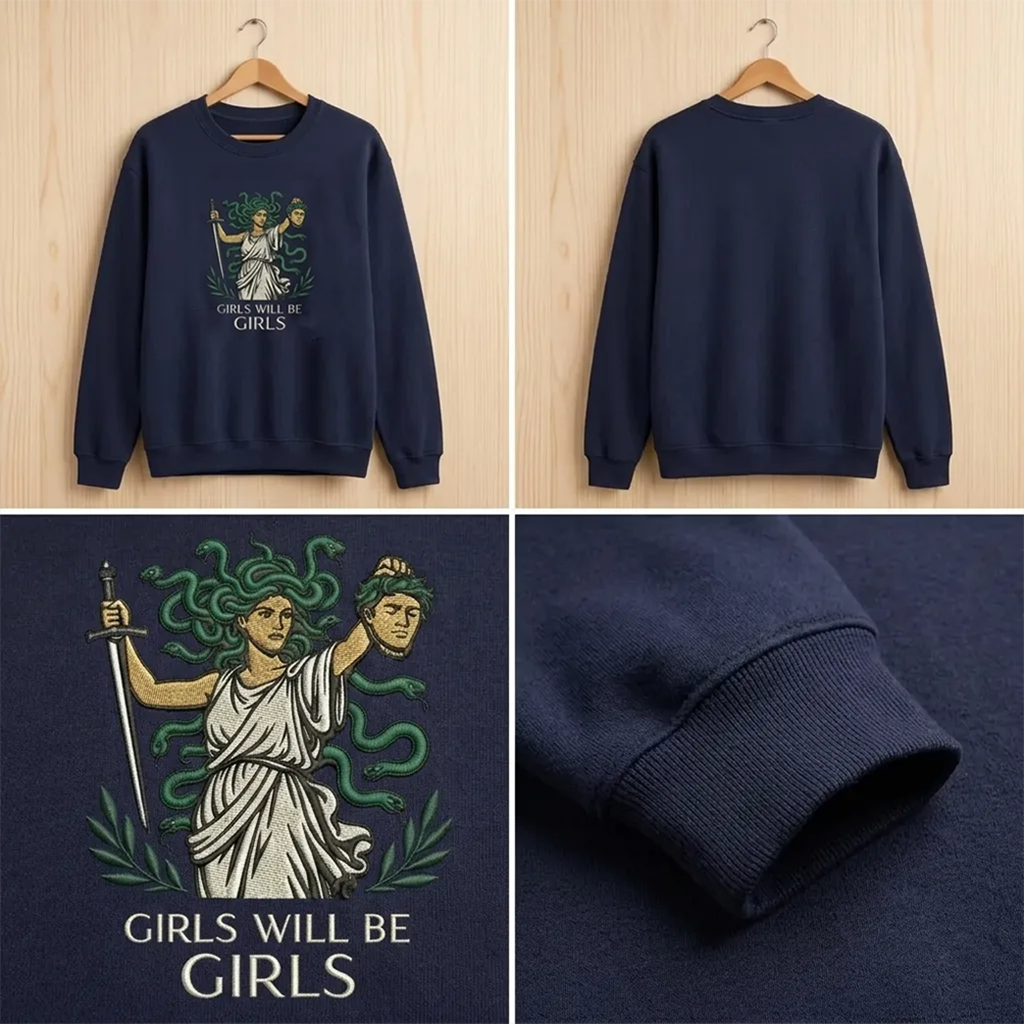Embroidered Medusa Empowerment Shirt, Girls Will Be Girls Crew
