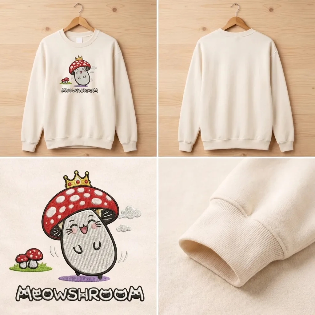 Embroidered Meowshroom Cat Mushroom Sweatshirt, Cute Kawaii Shirt