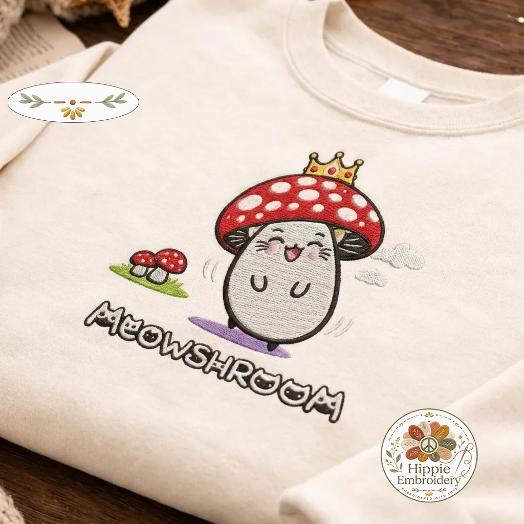 Embroidered Meowshroom Cat Mushroom Sweatshirt, Cute Kawaii Shirt