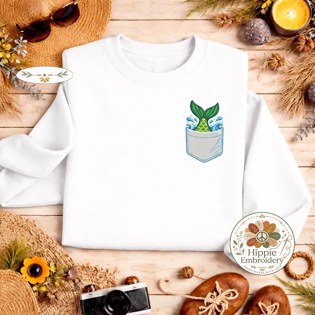 Embroidered Mermaid Tail Pocket Sweatshirt, Ocean Vibe Top