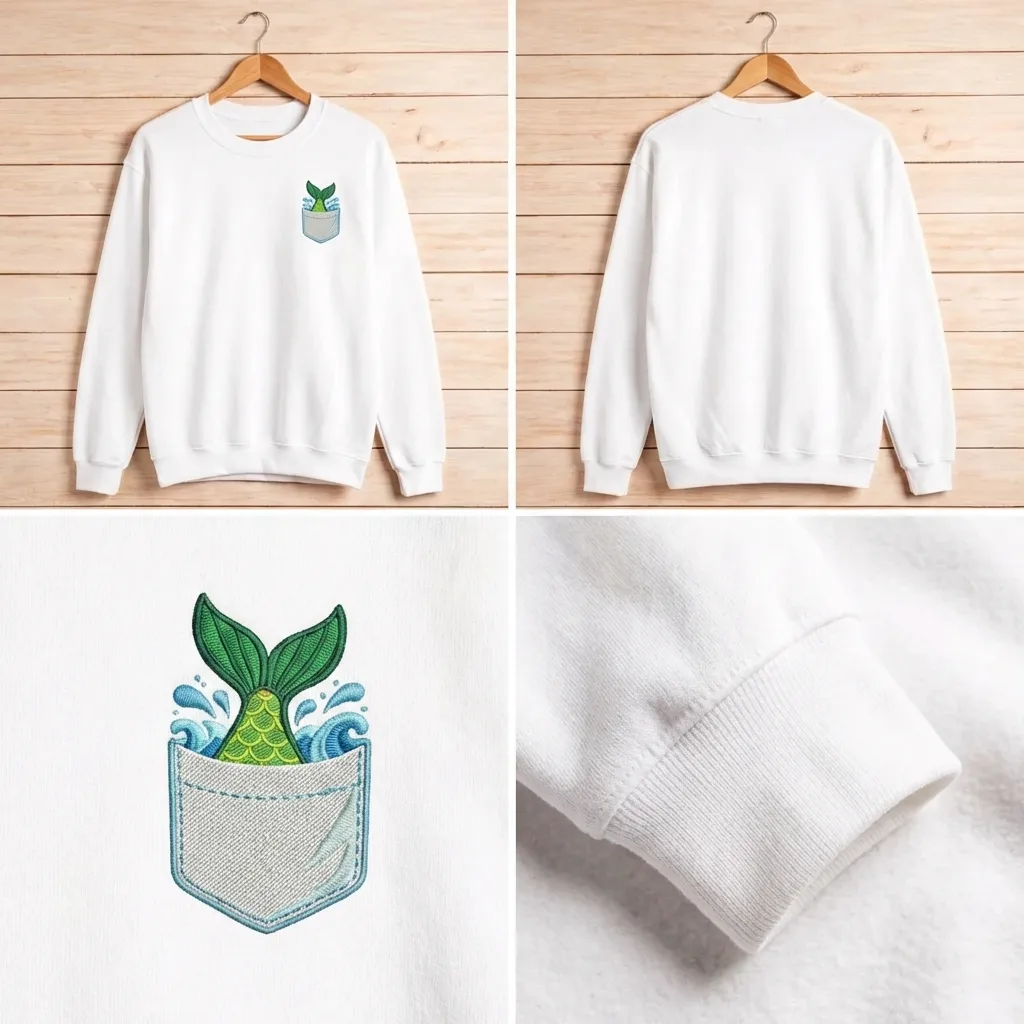Embroidered Mermaid Tail Pocket Sweatshirt, Ocean Vibe Top