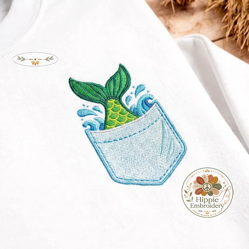 Embroidered Mermaid Tail Pocket Sweatshirt, Ocean Vibe Top