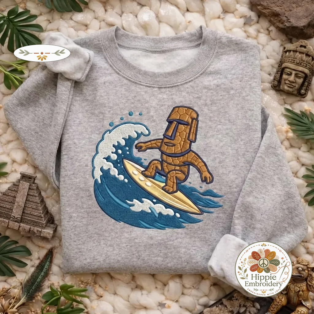 Embroidered Moai Surfing Sweatshirt, Island Statue Surf Pullover