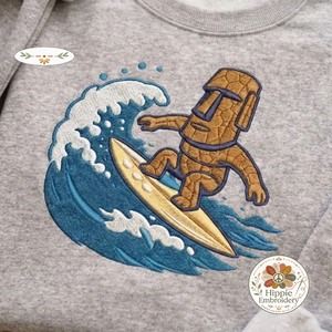 Embroidered Moai Surfing Sweatshirt, Island Statue Surf Pullover