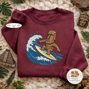Embroidered Moai Surfing Sweatshirt, Island Statue Surf Pullover
