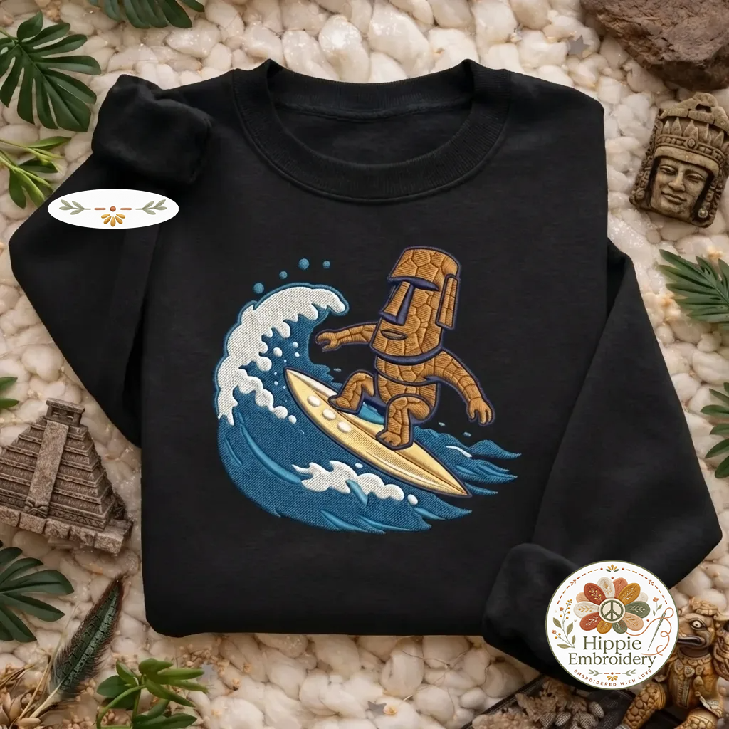 Embroidered Moai Surfing Sweatshirt, Island Statue Surf Pullover