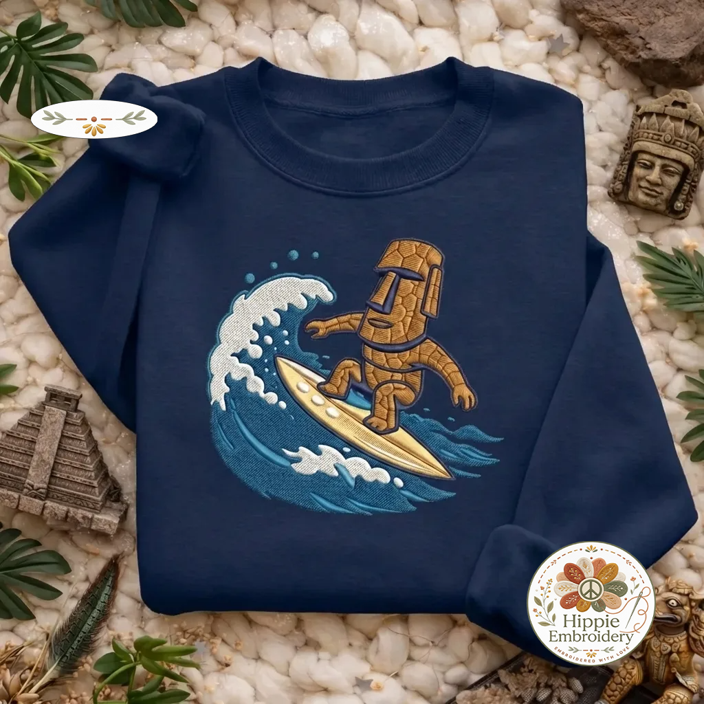 Embroidered Moai Surfing Sweatshirt, Island Statue Surf Pullover