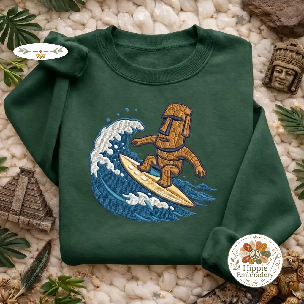 Embroidered Moai Surfing Sweatshirt, Island Statue Surf Pullover