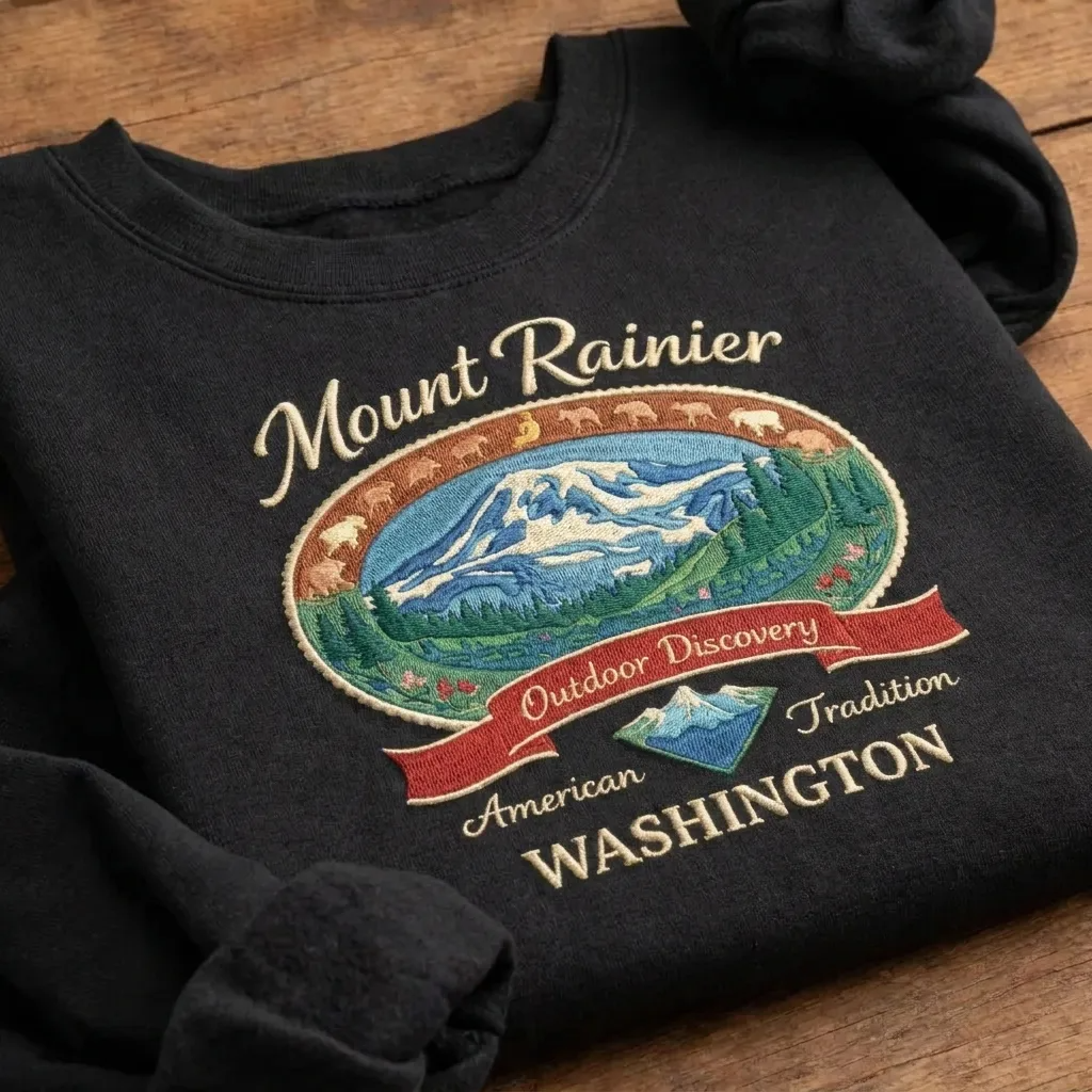 Embroidered Mount Rainier Washington Sweatshirt, Retro Mountain Crew