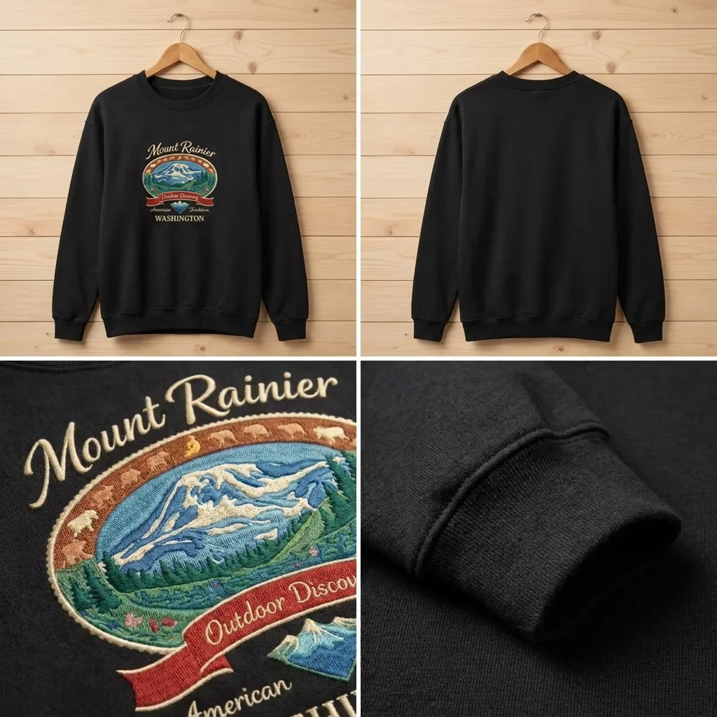 Embroidered Mount Rainier Washington Sweatshirt, Retro Mountain Crew