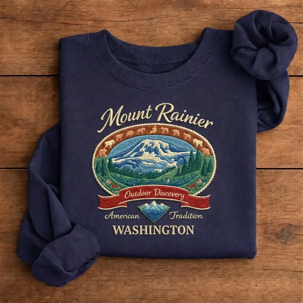 Embroidered Mount Rainier Washington Sweatshirt, Retro Mountain Crew