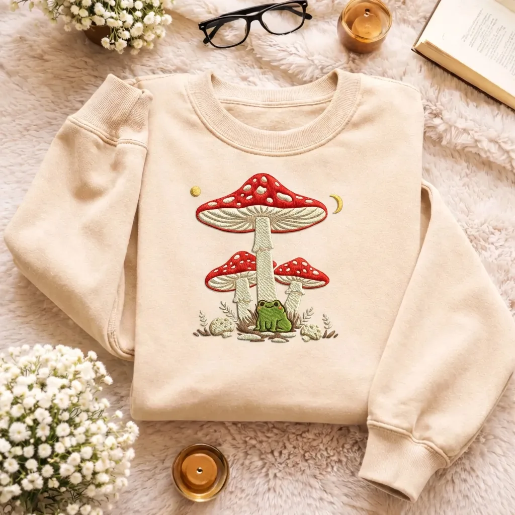Embroidered Mushroom Frog Sweatshirt, Cottagecore Forest Top