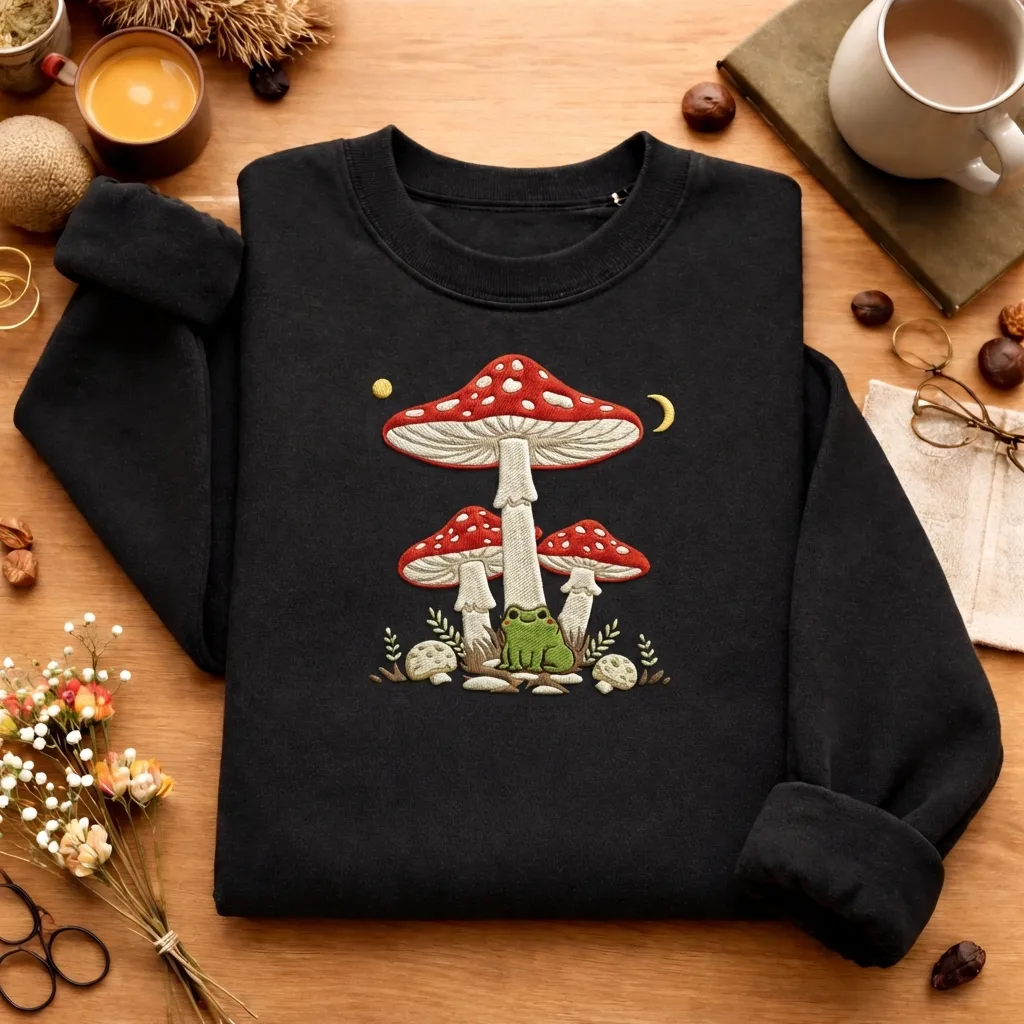 Embroidered Mushroom Frog Sweatshirt, Cottagecore Forest Top