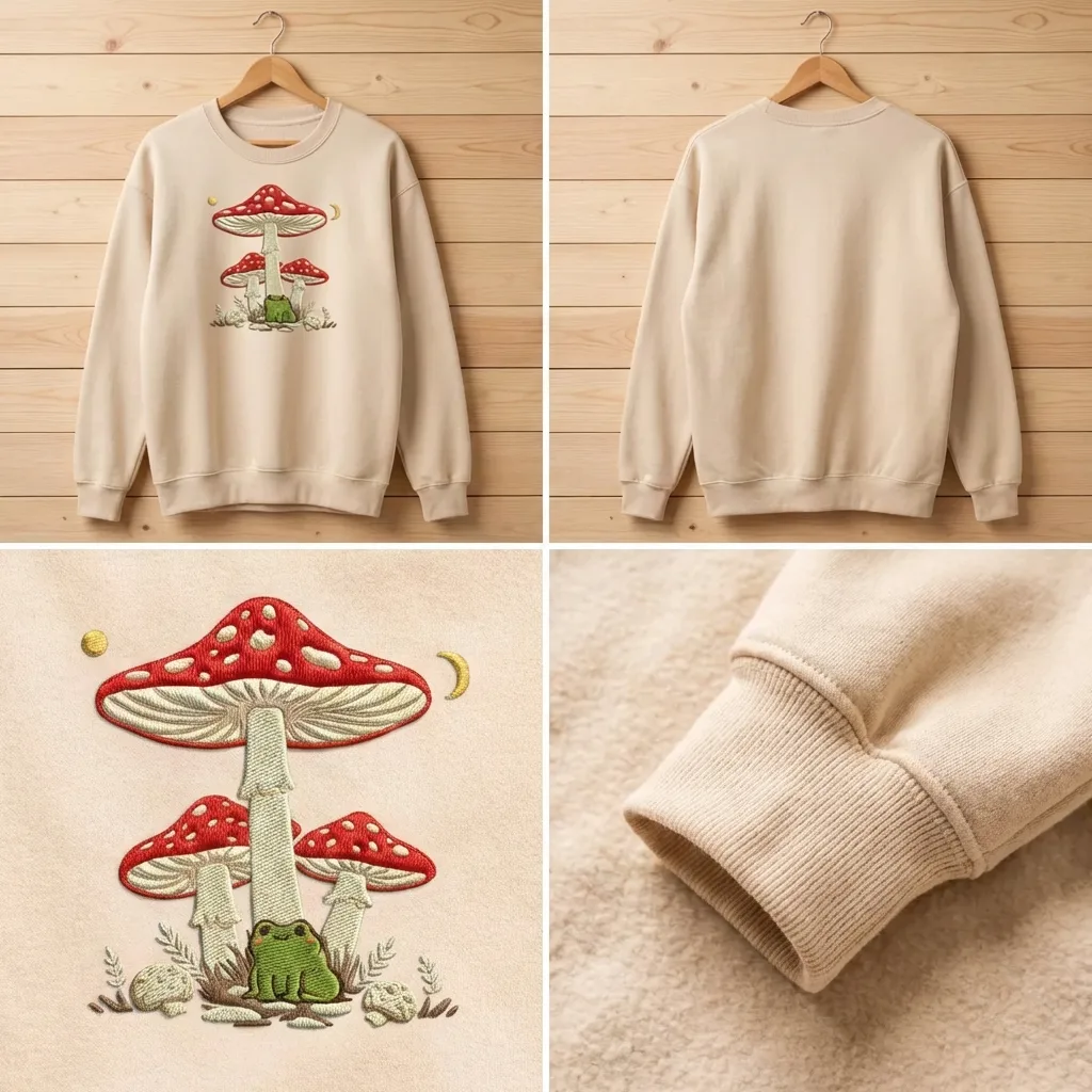 Embroidered Mushroom Frog Sweatshirt, Cottagecore Forest Top