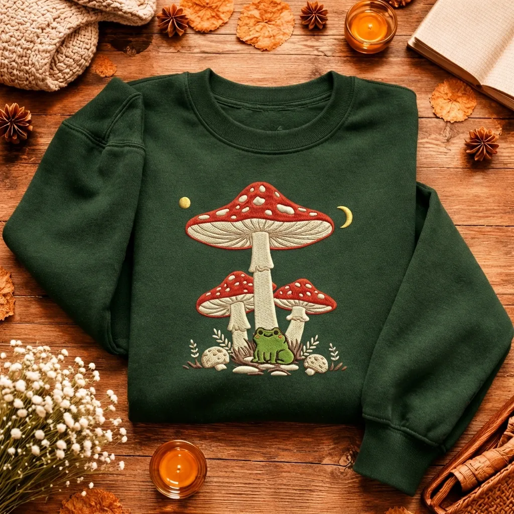 Embroidered Mushroom Frog Sweatshirt, Cottagecore Forest Top
