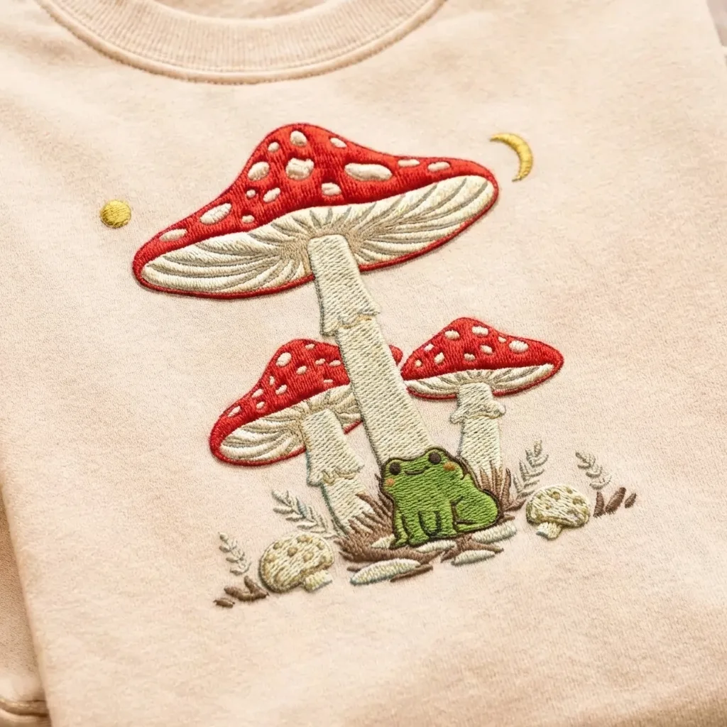 Embroidered Mushroom Frog Sweatshirt, Cottagecore Forest Top